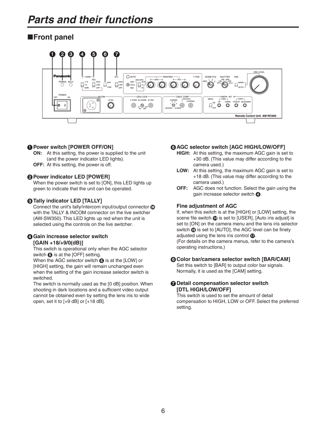 Panasonic AW-RC600P manual Parts and their functions, Front panel 