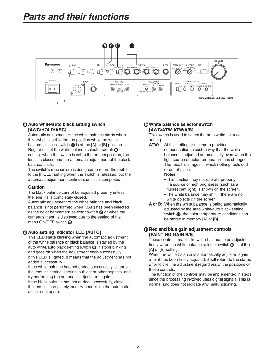 Panasonic AW-RC600P manual  Auto white/auto black setting switch AWC/HOLD/ABC,  Auto setting indicator LED Auto 