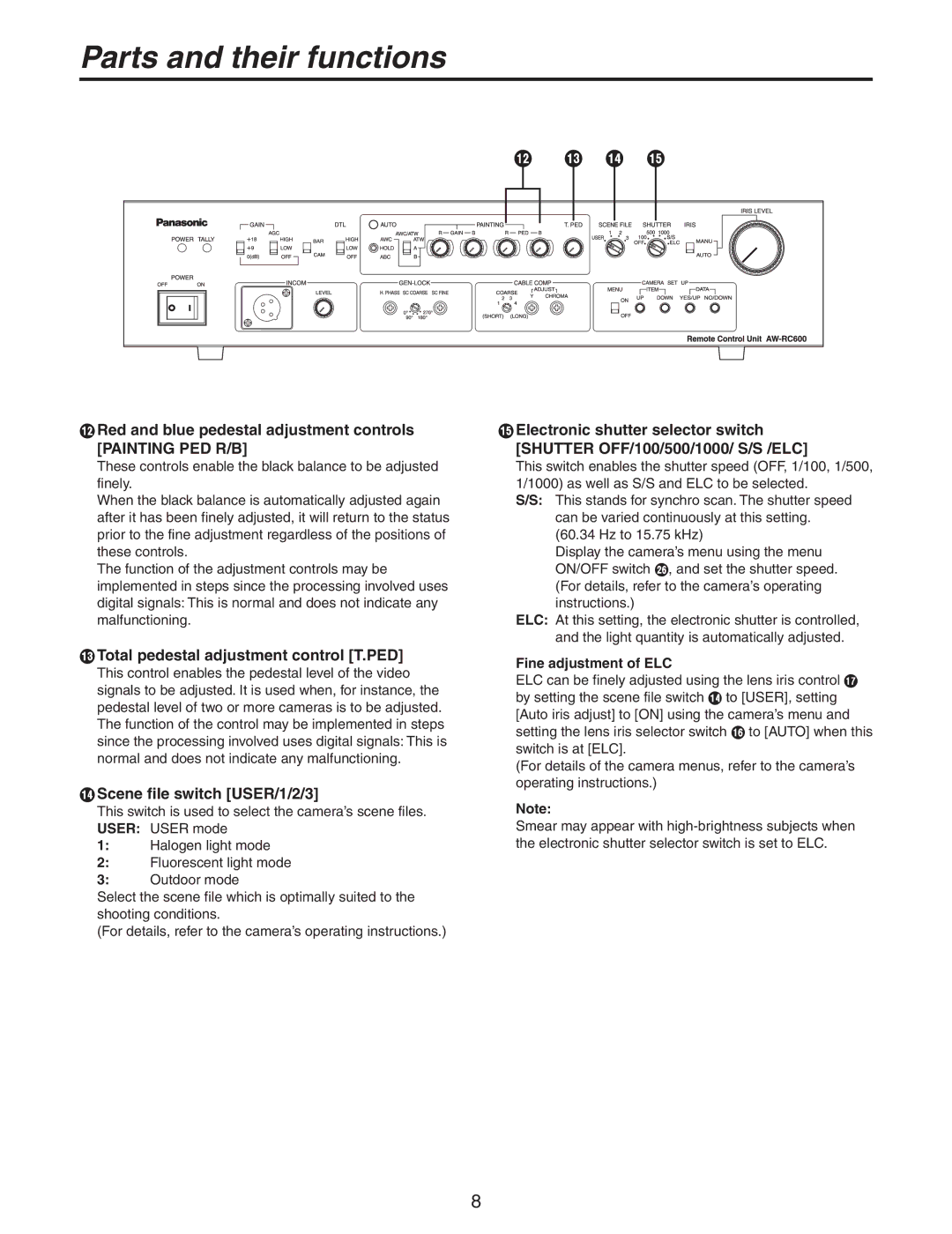 Panasonic AW-RC600P manual  Red and blue pedestal adjustment controls, Painting PED R/B,  Scene file switch USER/1/2/3 