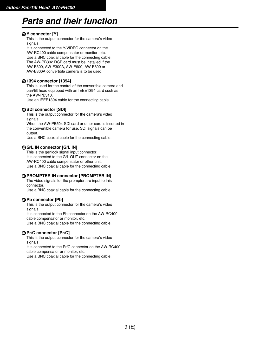 Panasonic AW-RP400E Connector Y, SDI connector SDI, L in connector G/L, Prompter in connector Prompter, Pb connector Pb 