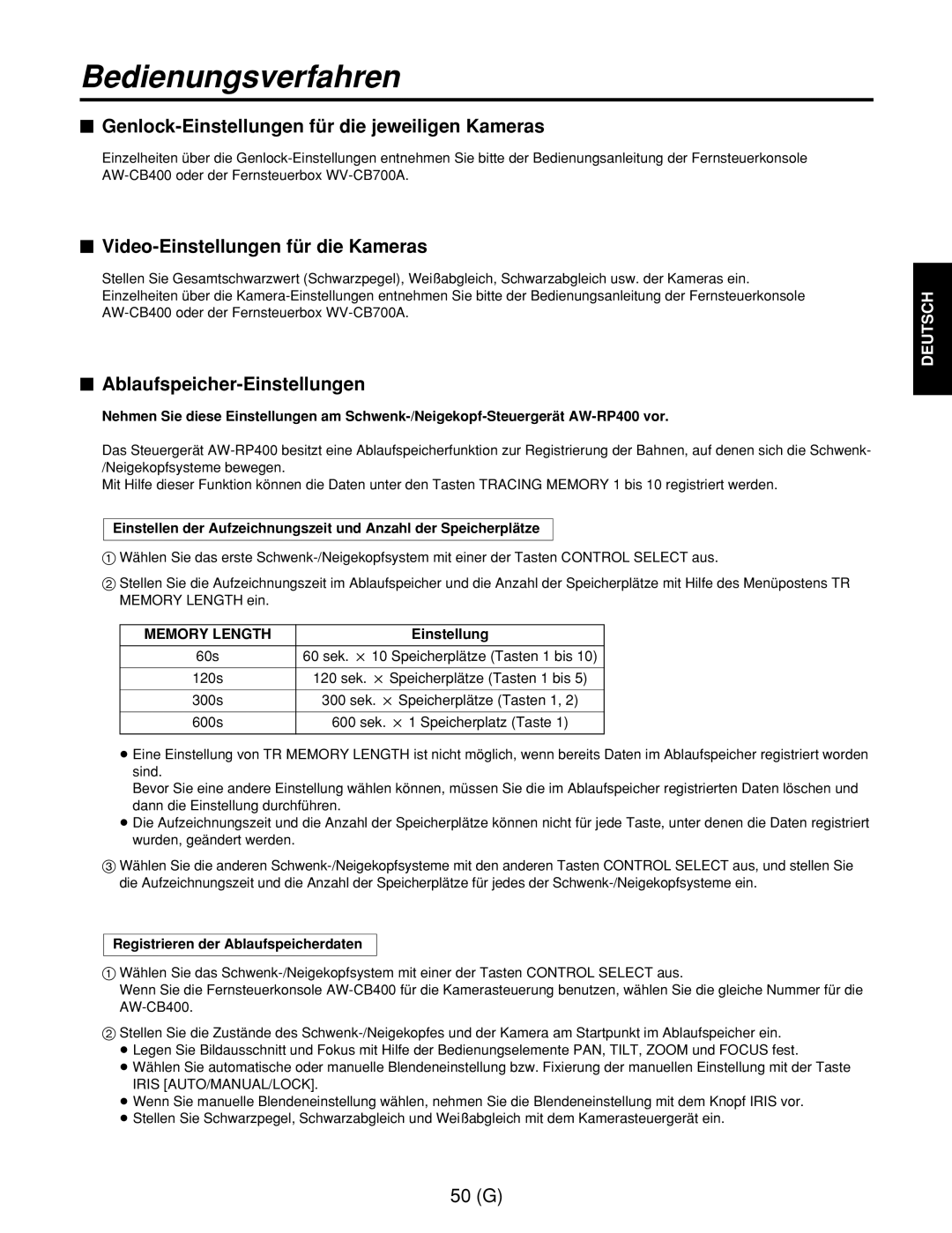 Panasonic AW-RL400G, AW-RP400E $ Genlock-Einstellungen für die jeweiligen Kameras, $ Video-Einstellungen für die Kameras 