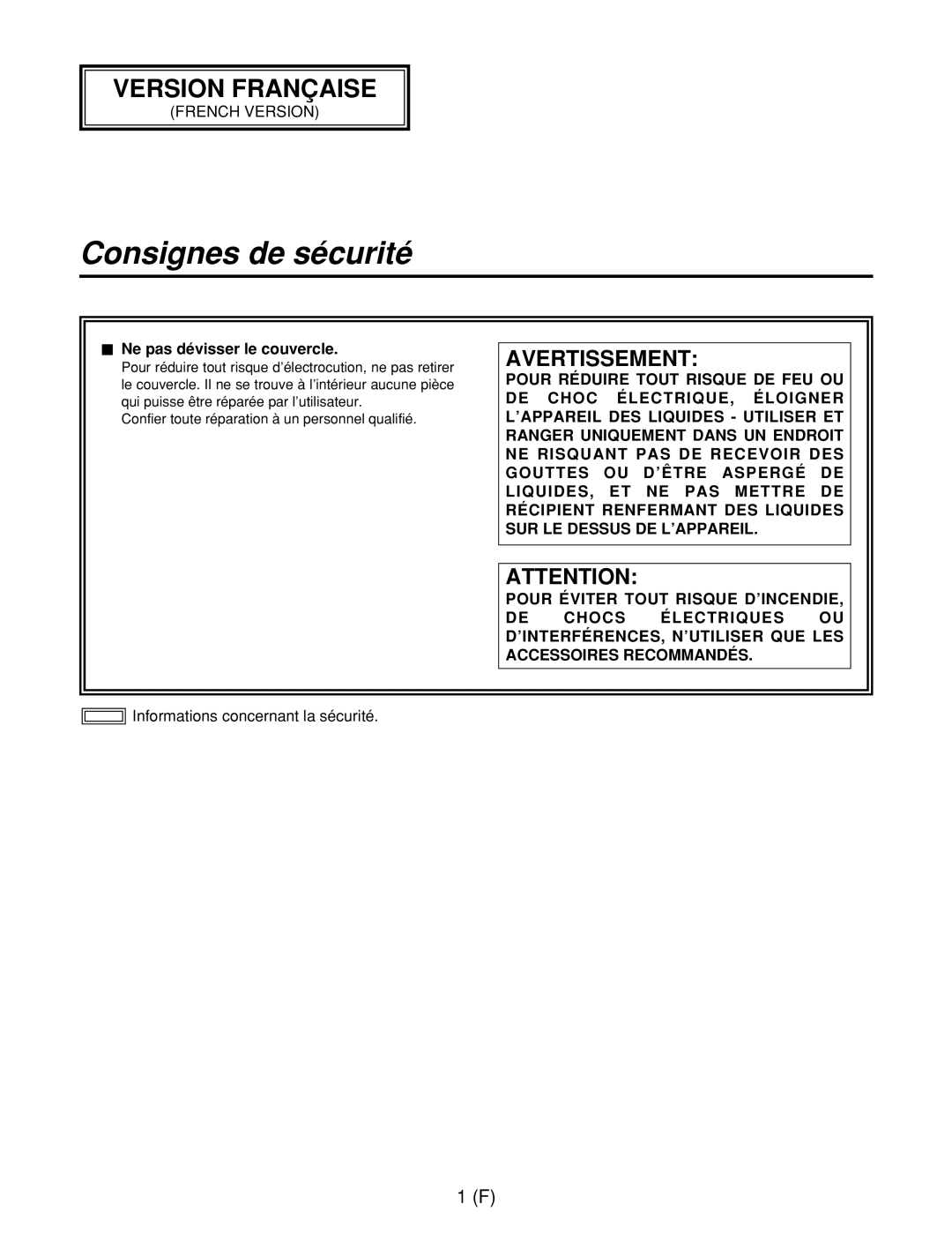 Panasonic AW-RC400E, AW-RL400G, AW-RP400E manual Consignes de sécurité, $ Ne pas dévisser le couvercle 