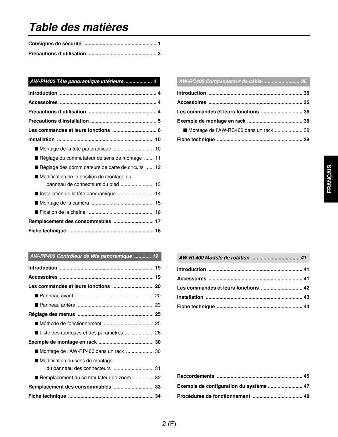 Panasonic AW-RL400G, AW-RP400E manual Table des matières, Consignes de sécurité Précautions d’utilisation, Réglage des menus 