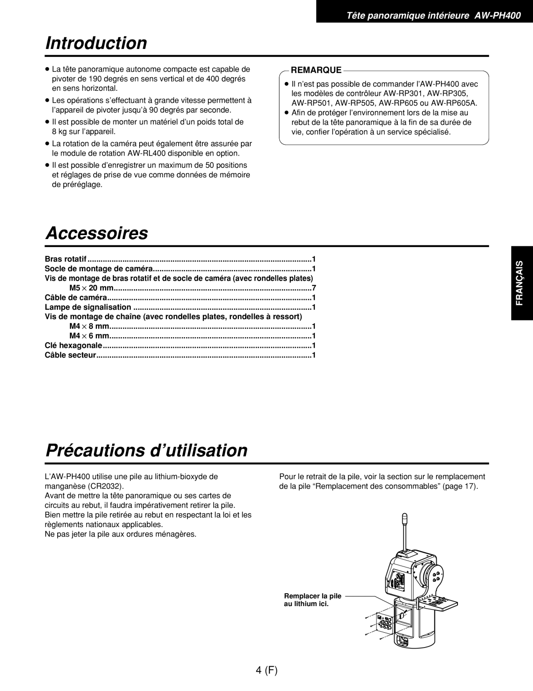 Panasonic AW-RC400E, AW-RL400G, AW-RP400E manual Accessoires, Bras rotatif Socle de montage de caméra 