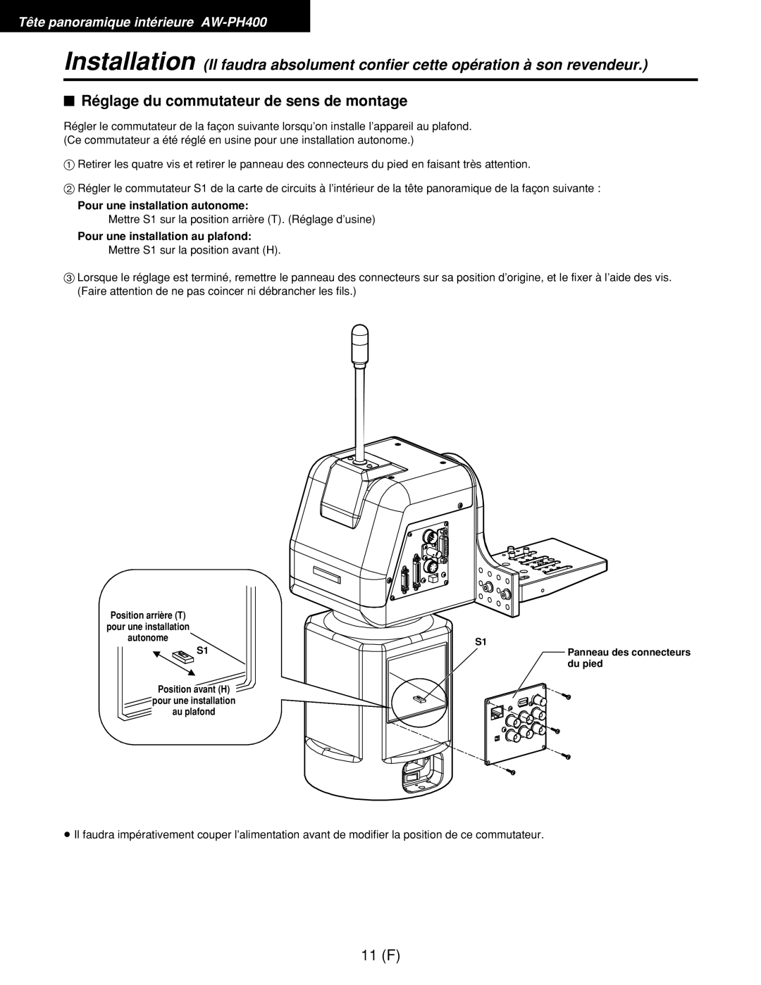 Panasonic AW-RL400G, AW-RP400E, AW-RC400E manual $ Réglage du commutateur de sens de montage, Pour une installation autonome 