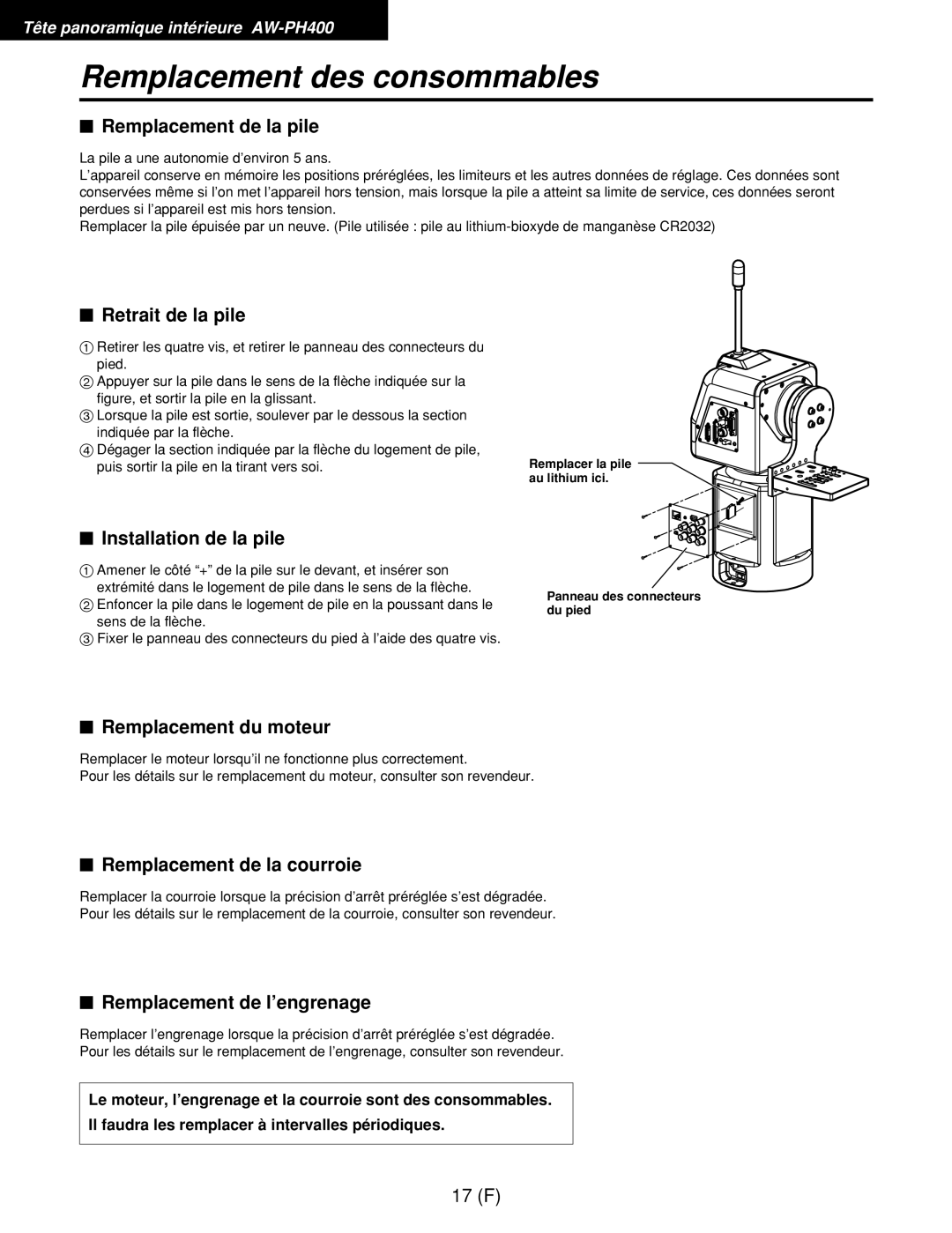 Panasonic AW-RL400G, AW-RP400E, AW-RC400E manual Remplacement des consommables 