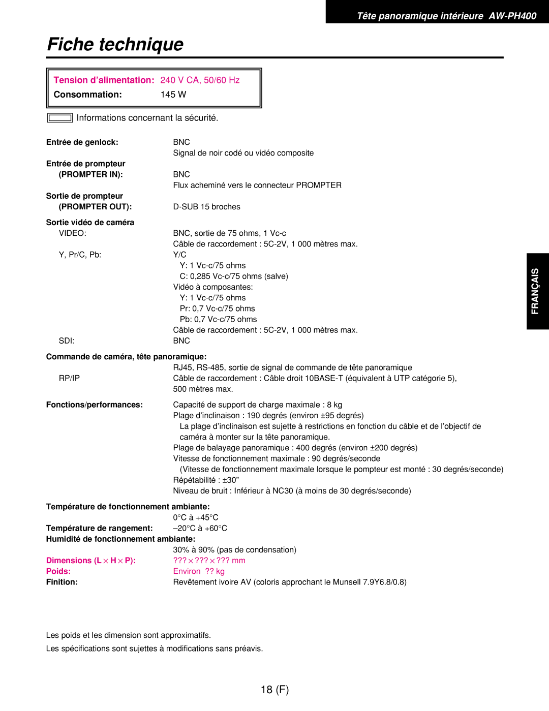 Panasonic AW-RP400E, AW-RL400G, AW-RC400E manual Fiche technique 