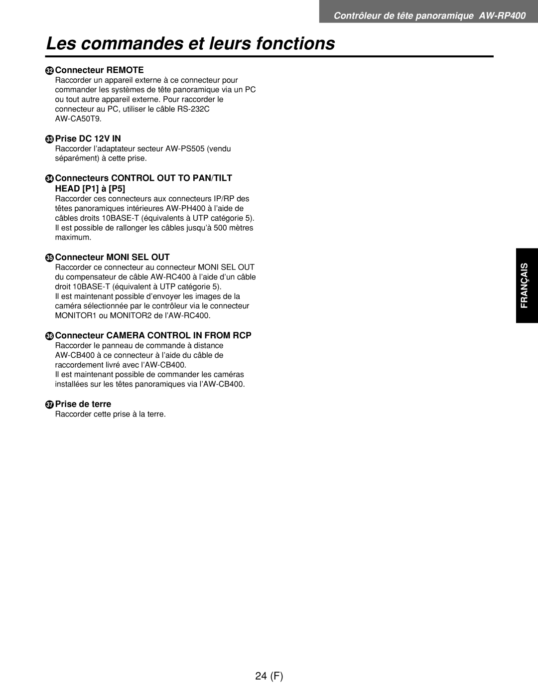 Panasonic AW-RP400E Connecteur Remote, Prise DC 12V, Connecteurs Control OUT to PAN/TILT Head P1 à P5, Prise de terre 