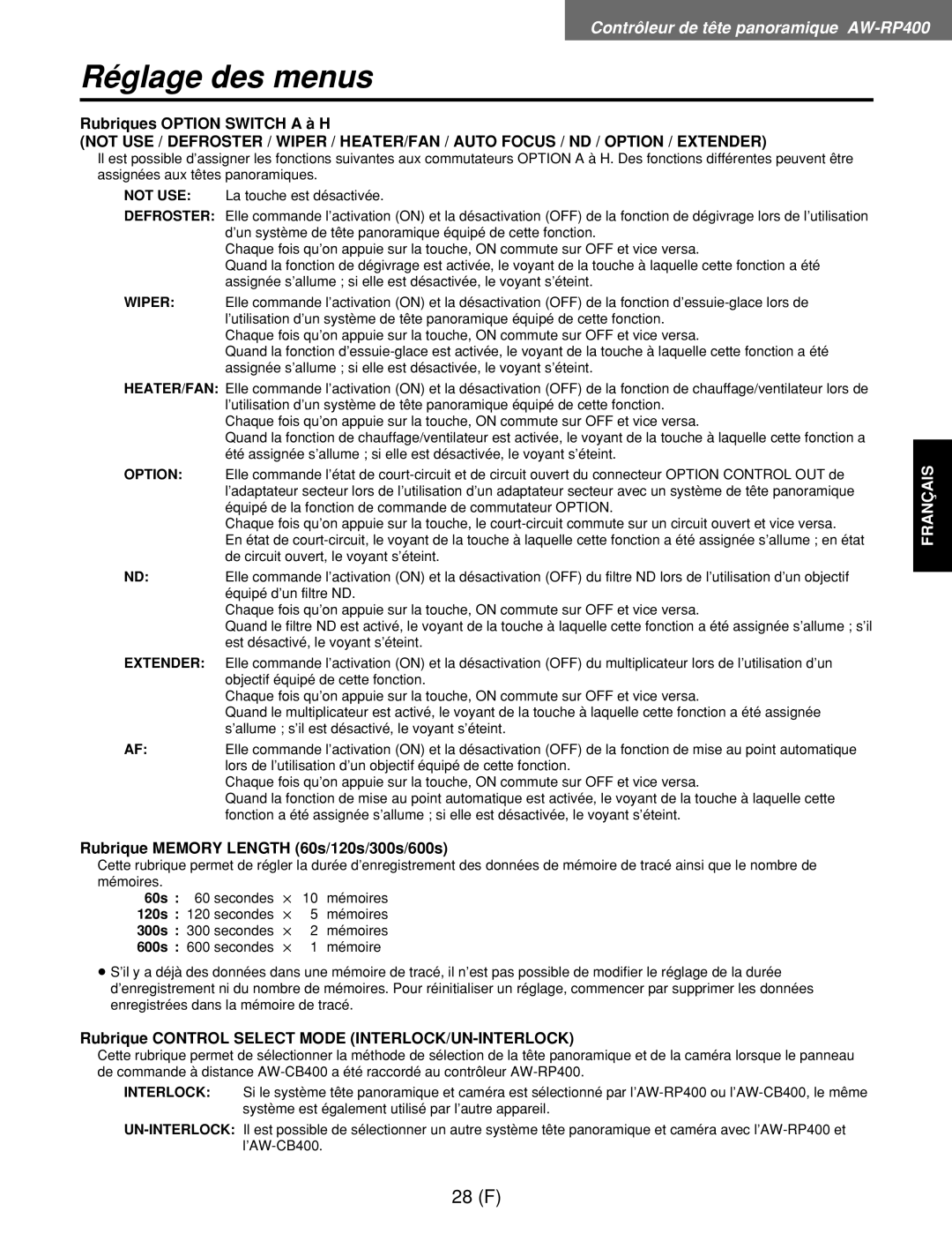 Panasonic AW-RC400E, AW-RL400G, AW-RP400E manual Rubriques Option Switch a à H, Rubrique Memory Length 60s/120s/300s/600s 
