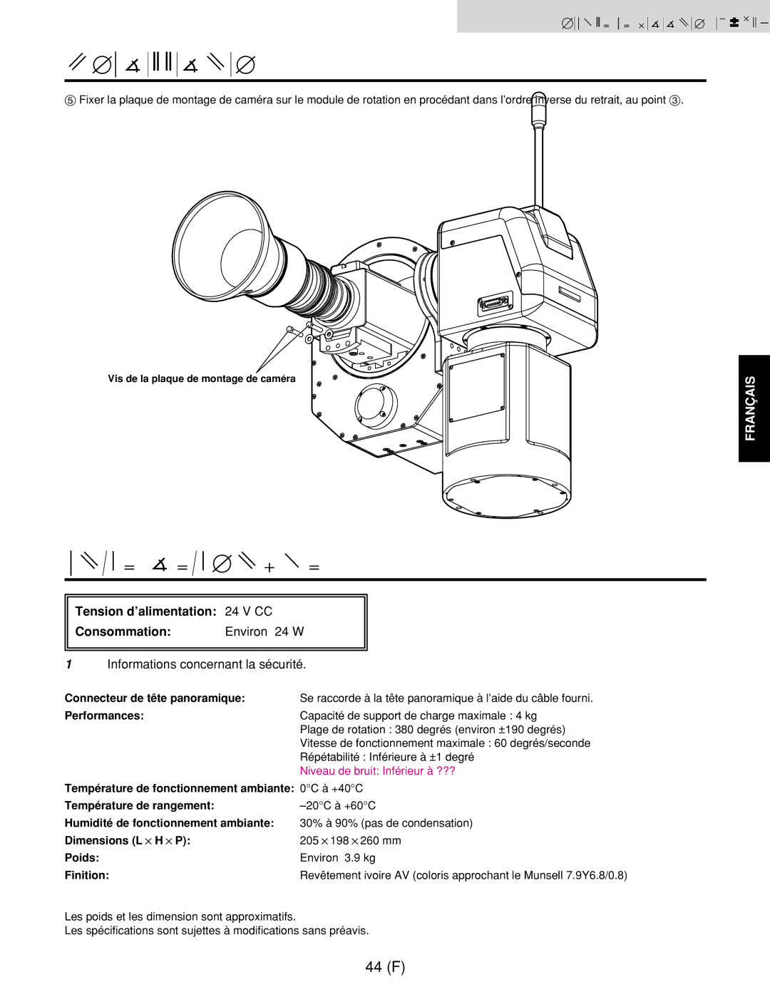 Panasonic AW-RL400G manual Tension d’alimentation Consommation Environ 24 W, Connecteur de tête panoramique, Performances 