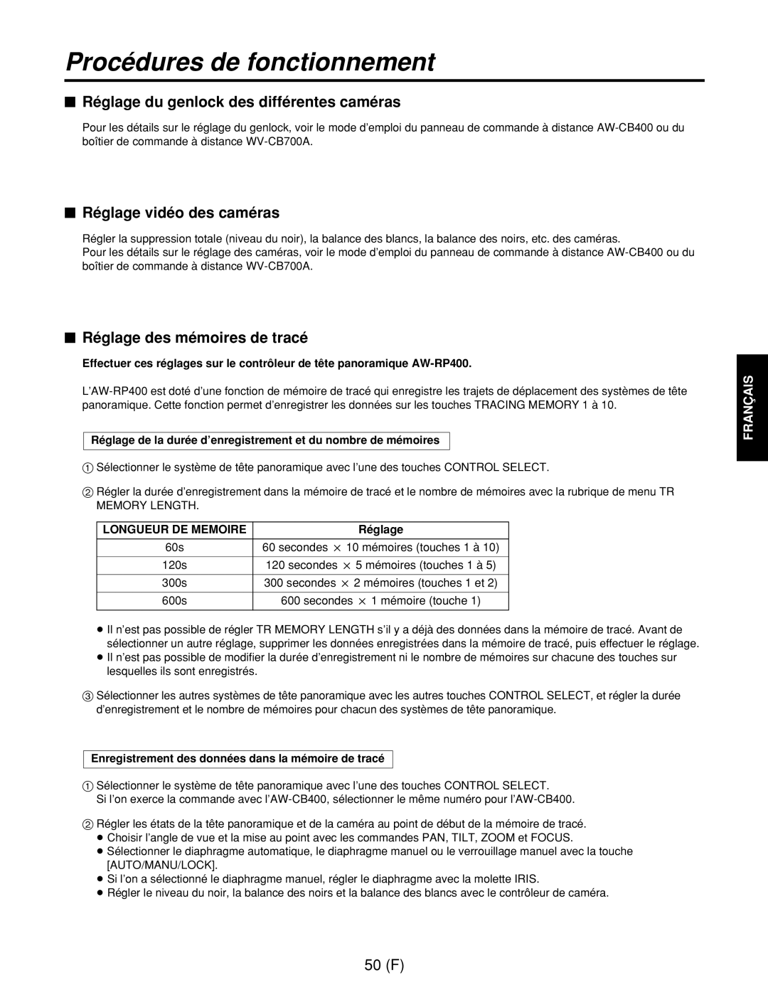 Panasonic AW-RL400G, AW-RP400E, AW-RC400E manual $ Réglage du genlock des différentes caméras, $ Réglage vidéo des caméras 