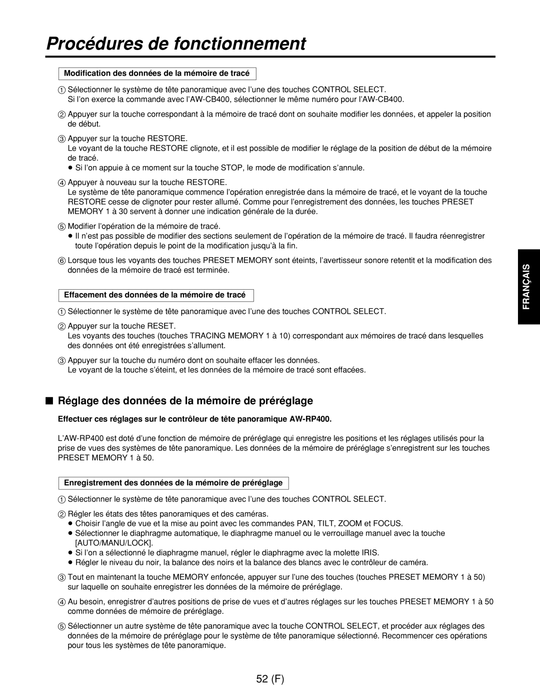 Panasonic AW-RC400E $ Réglage des données de la mémoire de préréglage, Modification des données de la mémoire de tracé 