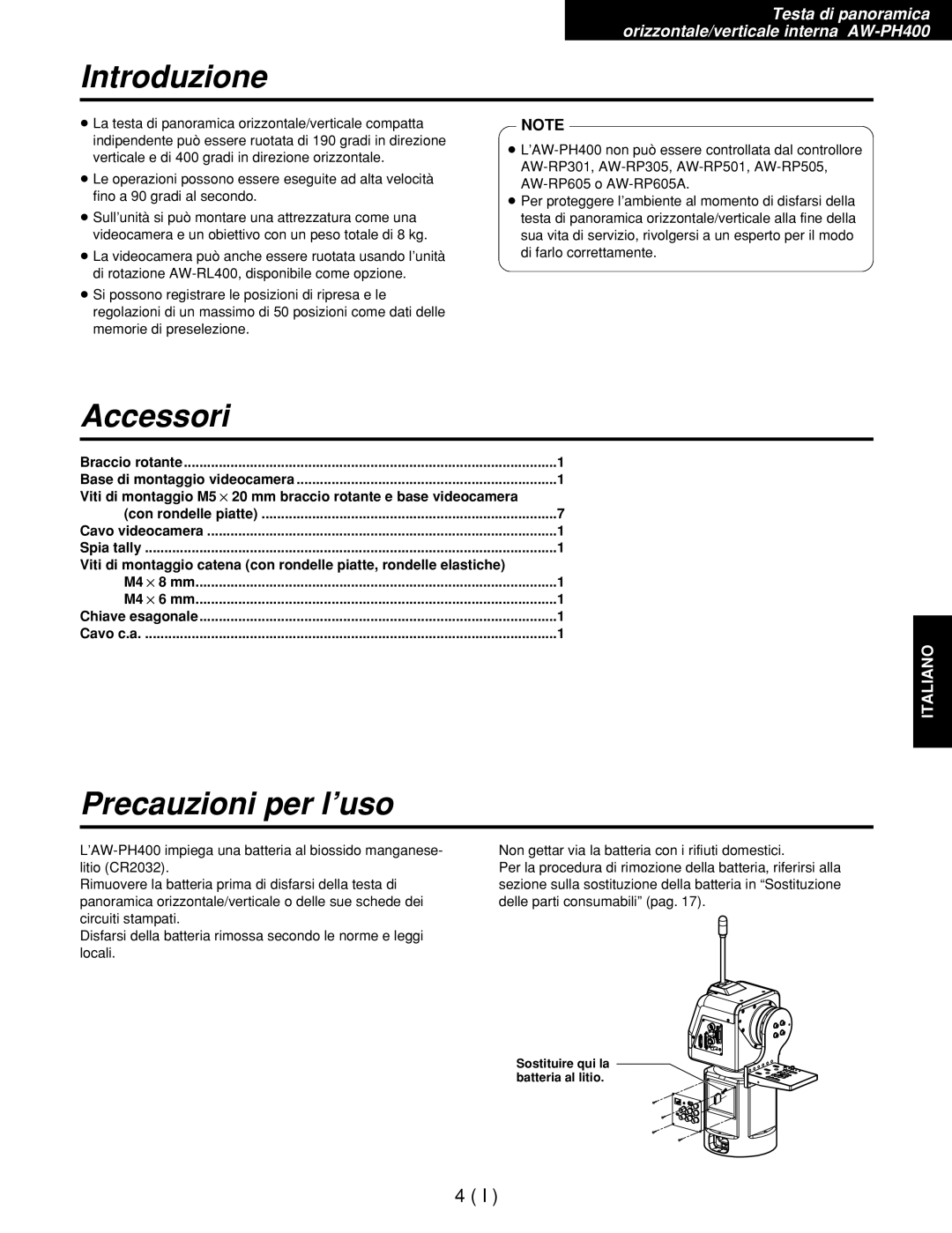 Panasonic AW-RC400E, AW-RL400G, AW-RP400E manual Introduzione, Accessori 