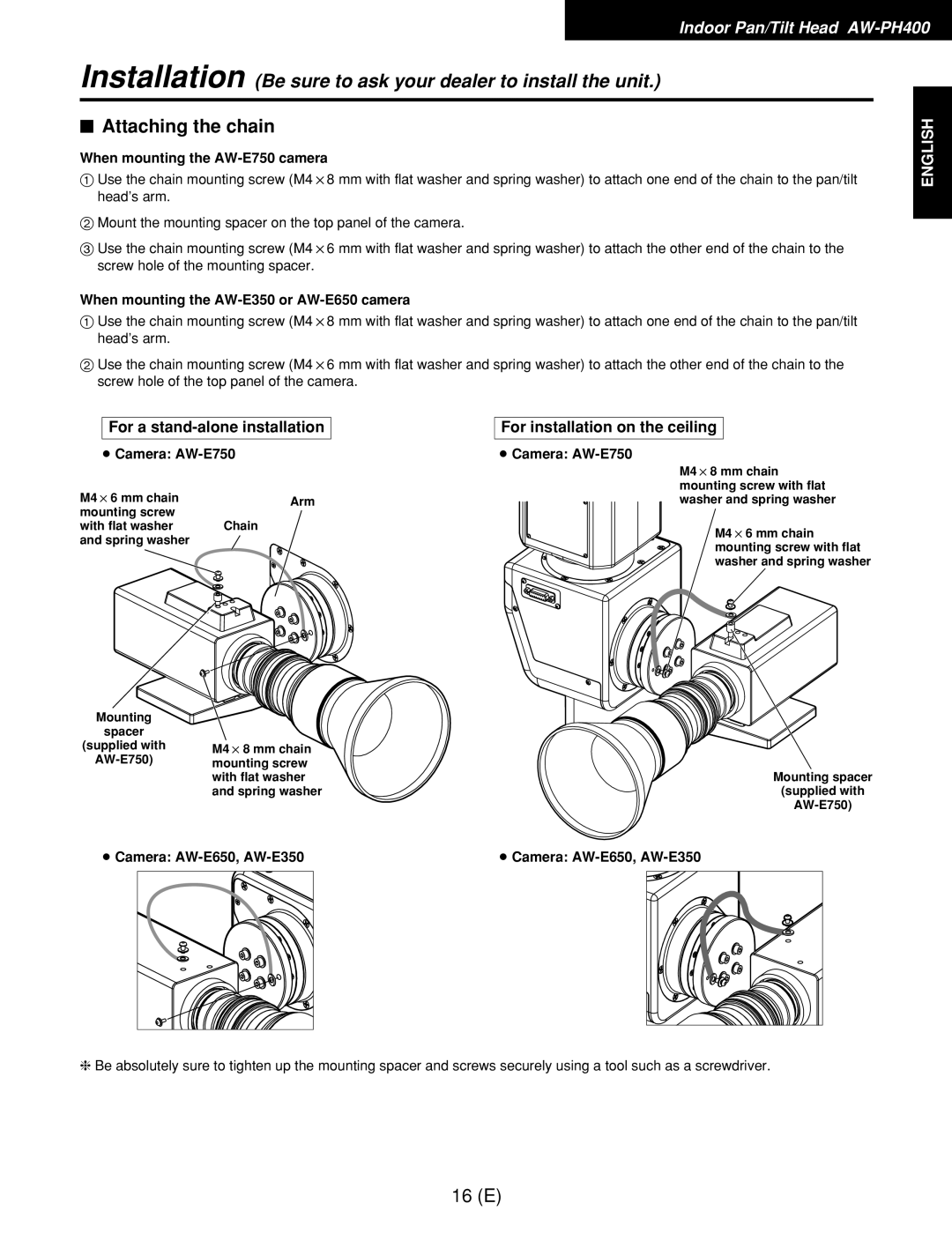 Panasonic AW-RC400E $ Attaching the chain, When mounting the AW-E750 camera, When mounting the AW-E350 or AW-E650 camera 