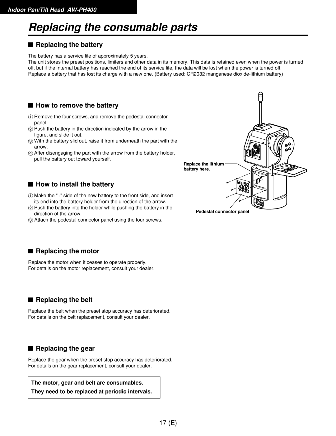 Panasonic AW-RL400G, AW-RP400E, AW-RC400E manual Replacing the consumable parts 