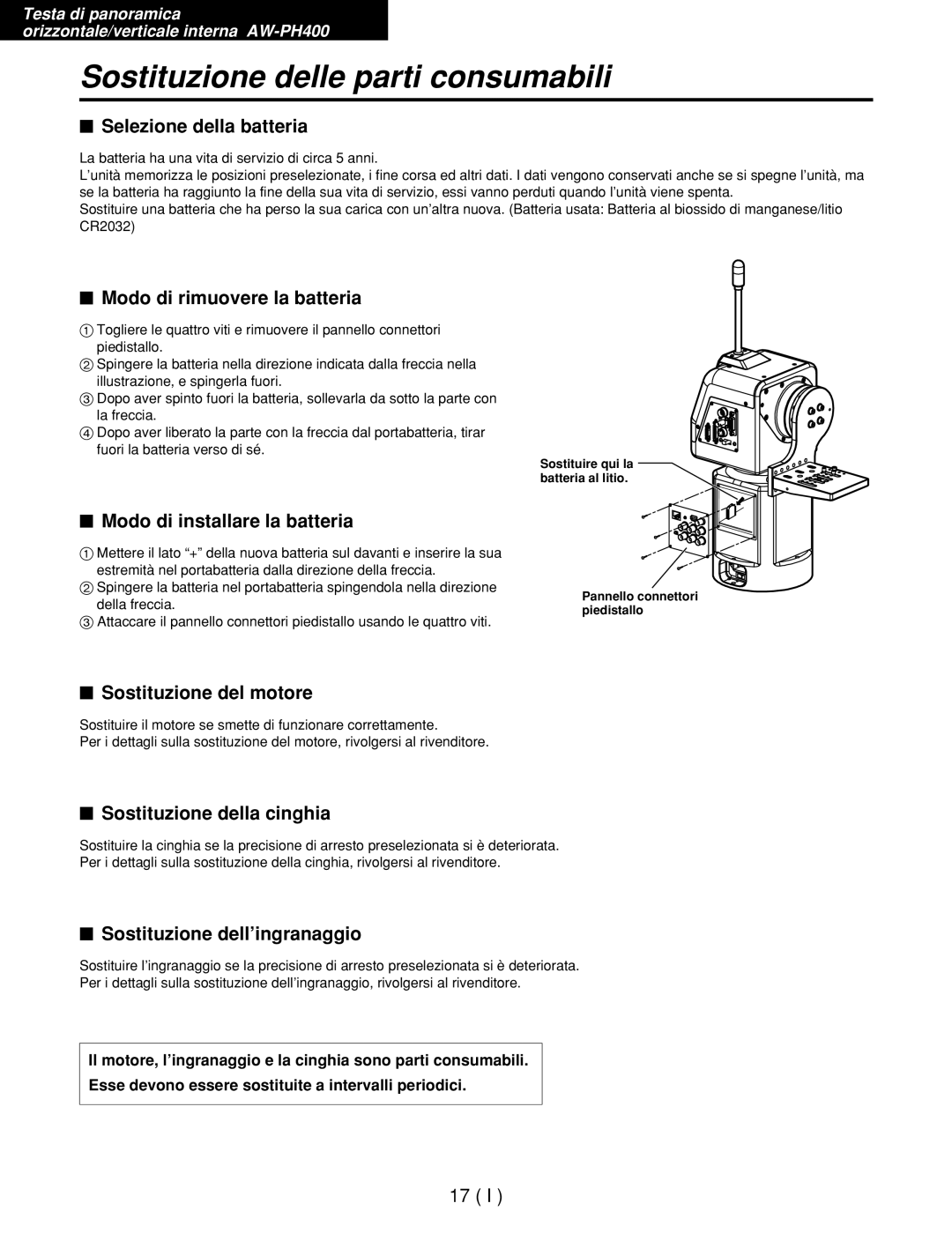 Panasonic AW-RL400G, AW-RP400E, AW-RC400E manual Sostituzione delle parti consumabili 