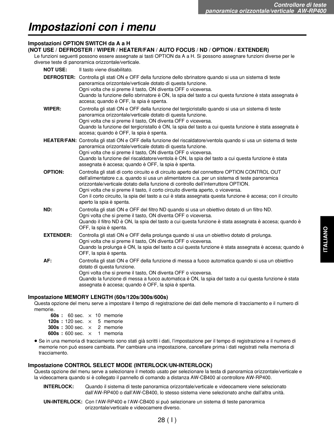 Panasonic AW-RC400E, AW-RL400G manual Impostazioni Option Switch da a a H, Impostazione Memory Length 60s/120s/300s/600s 