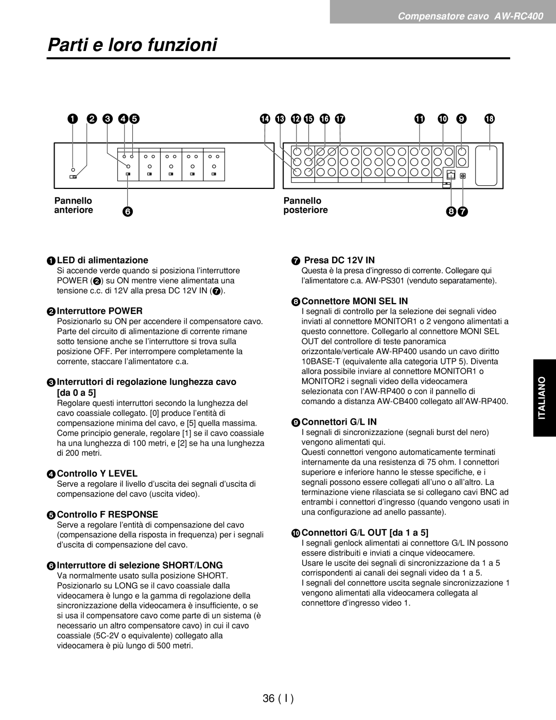 Panasonic AW-RP400E, AW-RL400G Interruttore Power, Interruttori di regolazione lunghezza cavo da 0 a, Controllo Y Level 