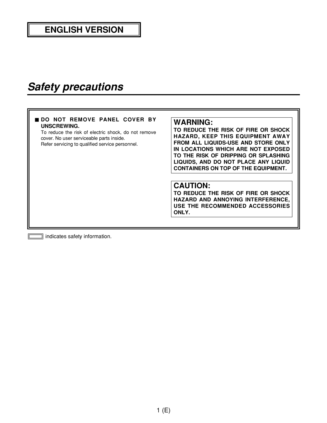 Panasonic AW-RC400E, AW-RL400G, AW-RP400E manual Safety precautions, $ do not Remove Panel Cover by Unscrewing 