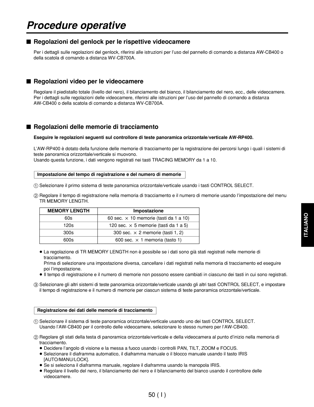 Panasonic AW-RL400G manual $ Regolazioni del genlock per le rispettive videocamere, $ Regolazioni video per le videocamere 