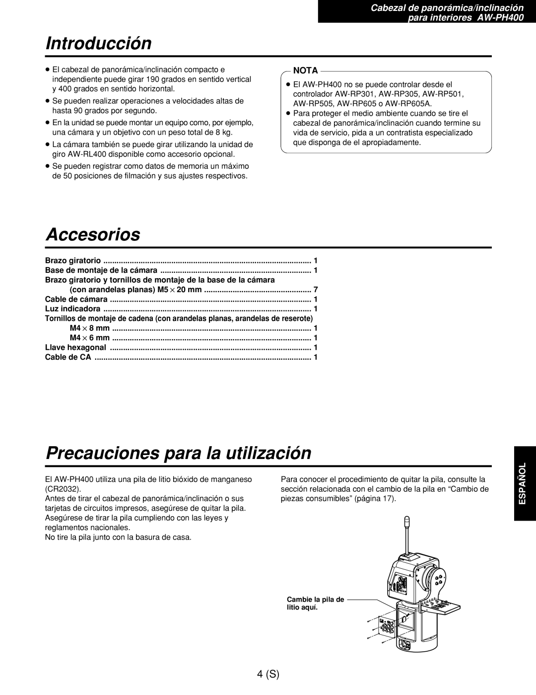 Panasonic AW-RC400E, AW-RL400G, AW-RP400E manual Introducción, Accesorios, M4!8 mm M4!6 mm Llave hexagonal Cable de CA 