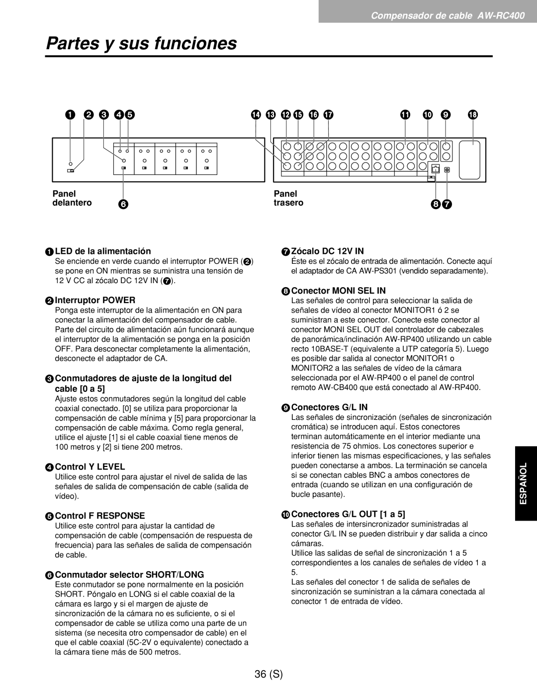 Panasonic AW-RP400E, AW-RL400G Interruptor Power, Conmutadores de ajuste de la longitud del cable 0 a, Control Y Level 