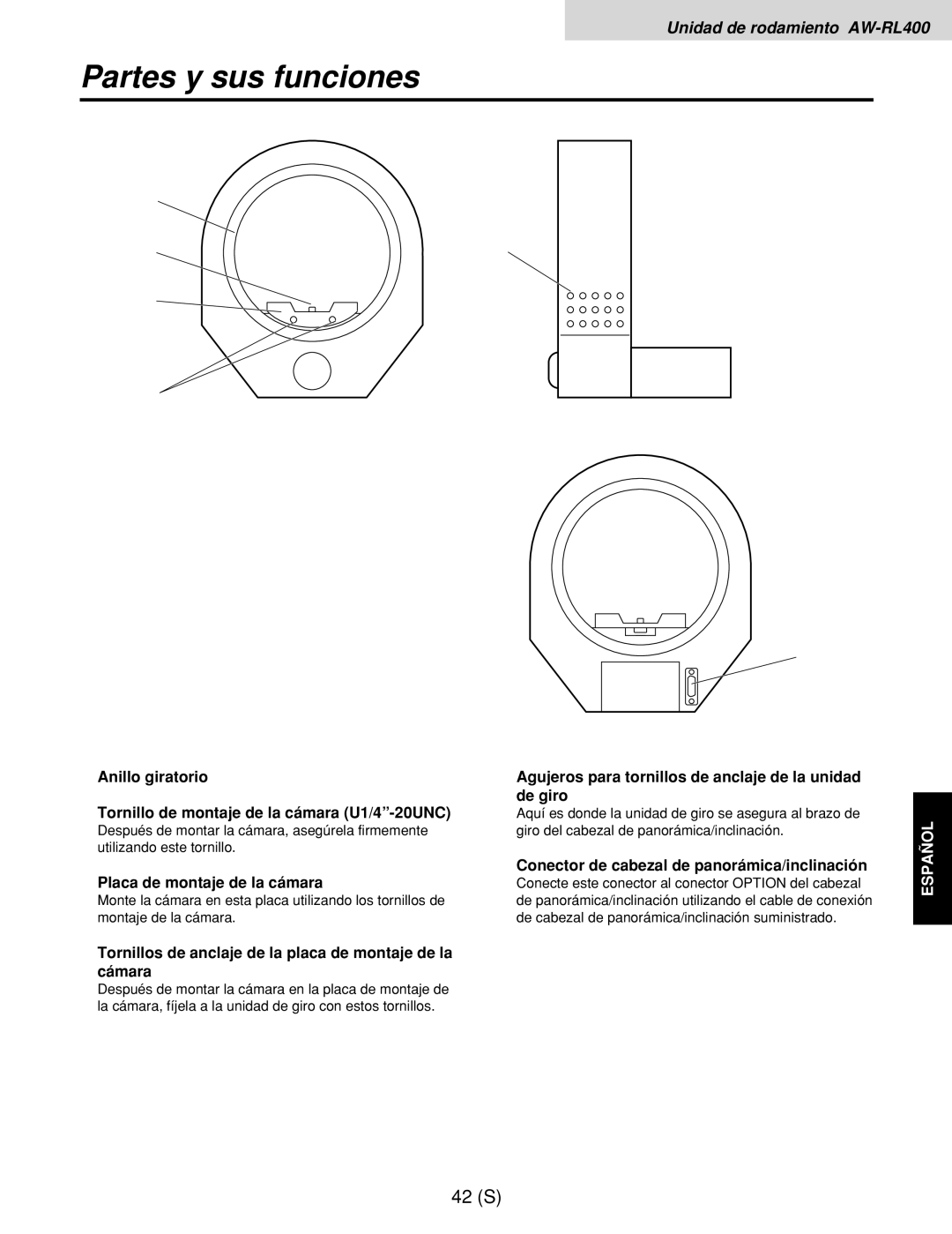 Panasonic AW-RP400E, AW-RL400G manual Placa de montaje de la cámara, Agujeros para tornillos de anclaje de la unidad de giro 