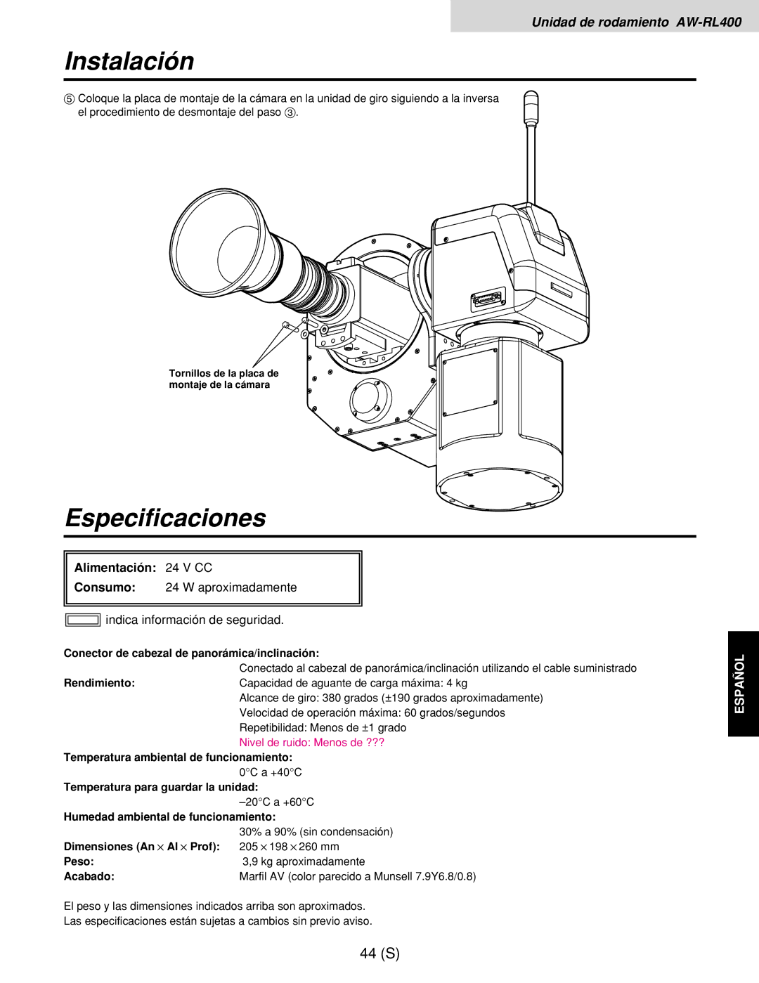 Panasonic AW-RL400G, AW-RP400E, AW-RC400E manual Alimentación 24 V CC, Conector de cabezal de panorámica/inclinación 