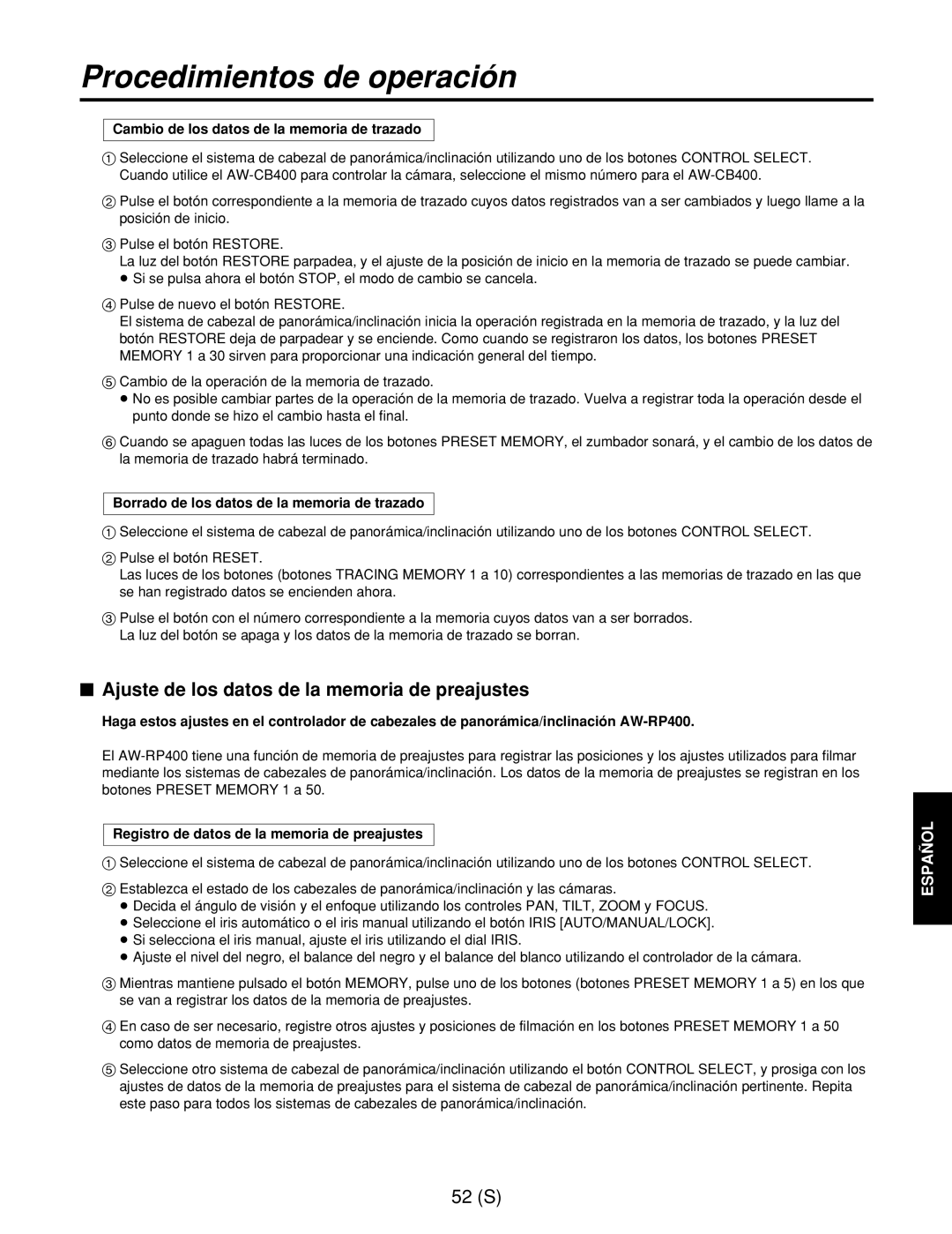 Panasonic AW-RC400E manual $ Ajuste de los datos de la memoria de preajustes, Cambio de los datos de la memoria de trazado 