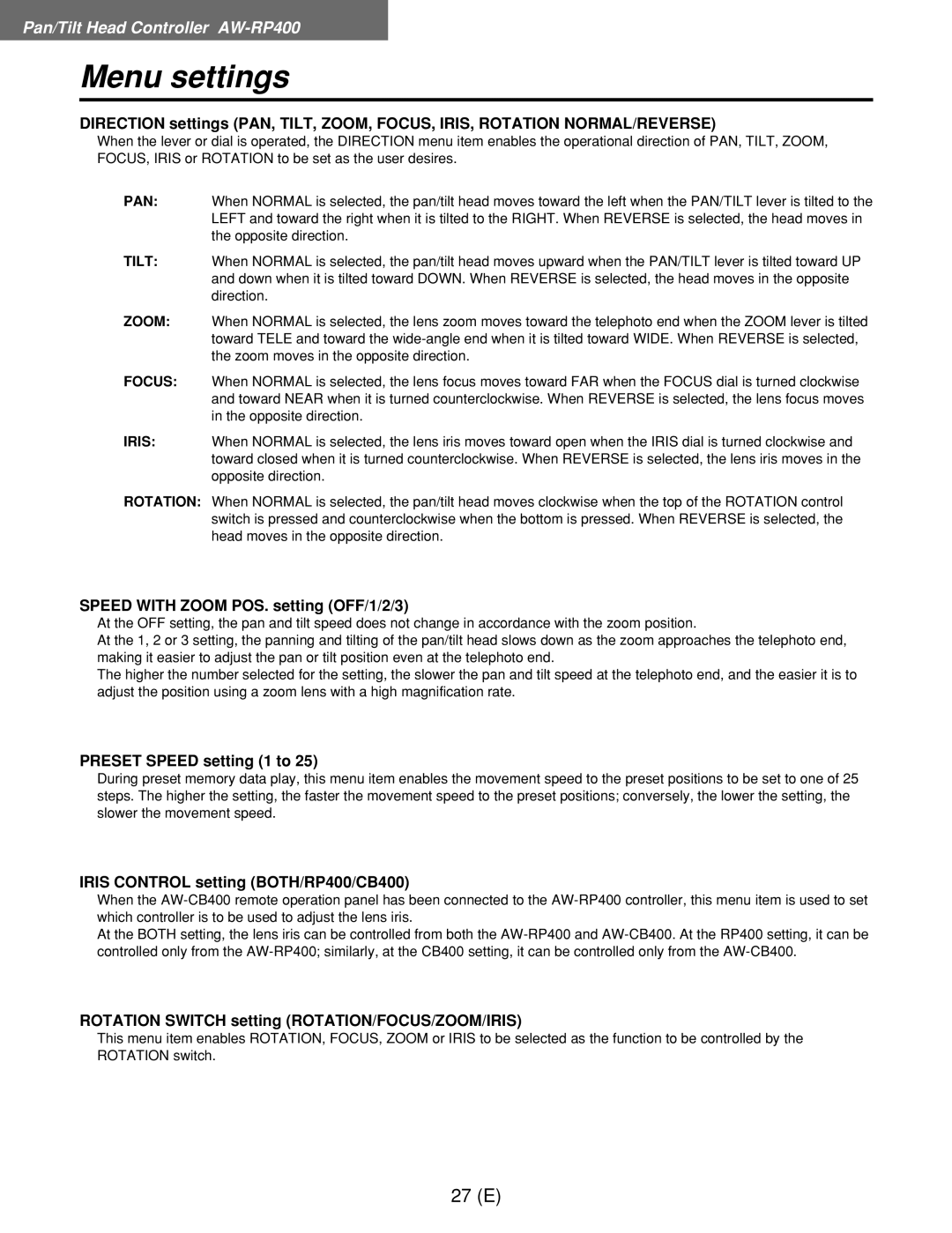 Panasonic AW-RP400E, AW-RL400G, AW-RC400E manual Speed with Zoom POS. setting OFF/1/2/3, Preset Speed setting 1 to 