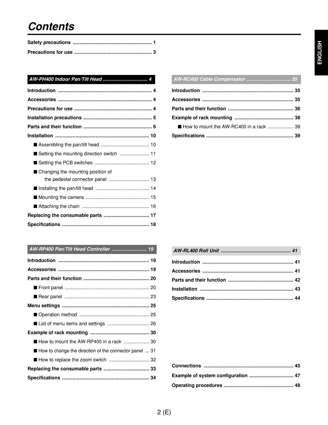 Panasonic AW-RL400G, AW-RP400E, AW-RC400E manual Contents 