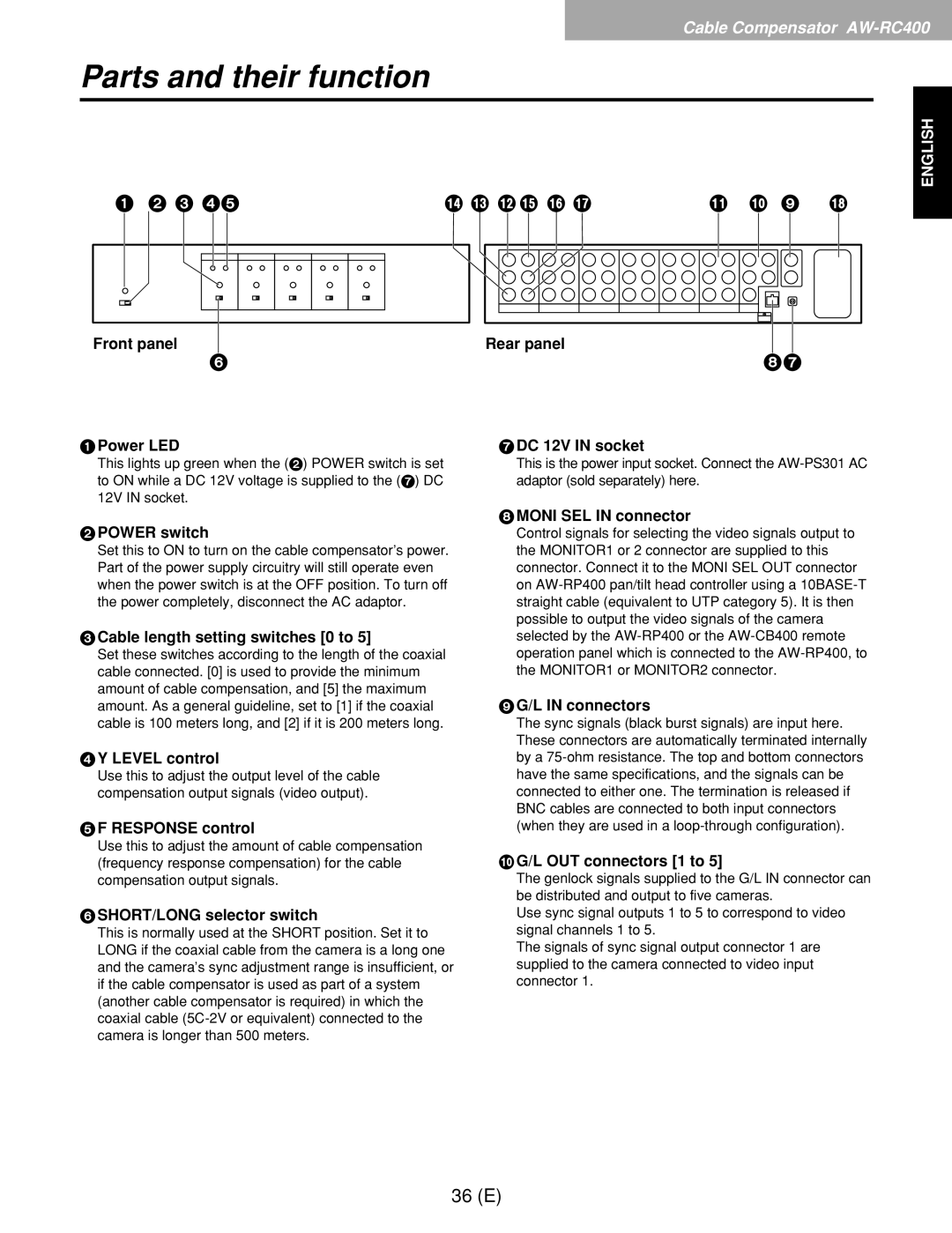 Panasonic AW-RP400E, AW-RL400G Rear panel, 1Power LED 7DC 12V in socket, Power switch, Cable length setting switches 0 to 