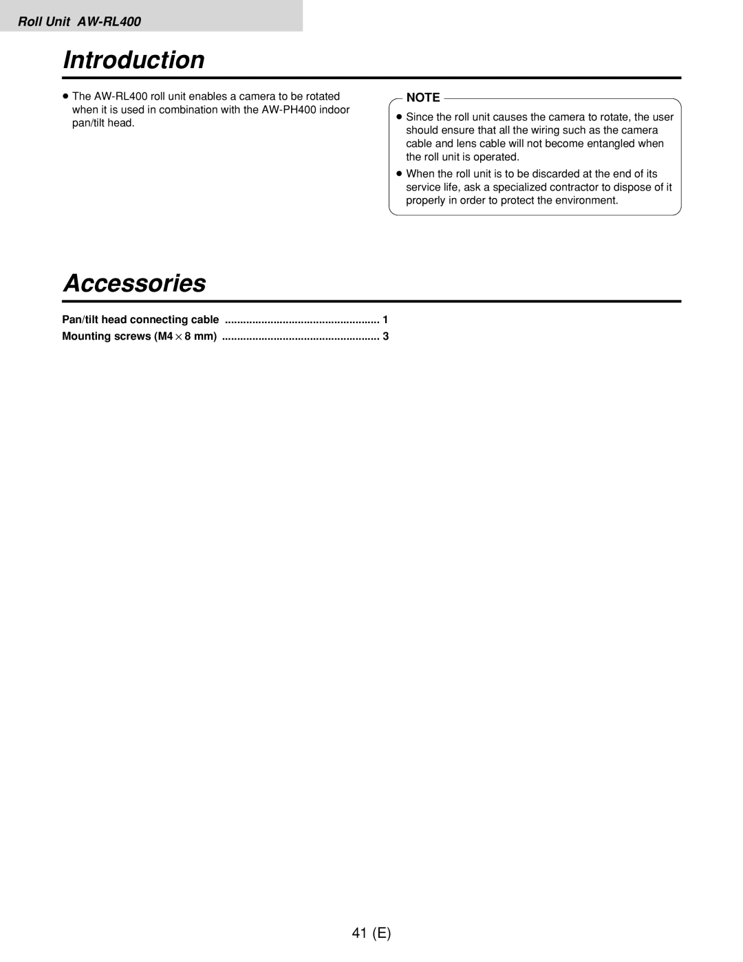 Panasonic AW-RL400G, AW-RP400E, AW-RC400E manual Introduction, Pan/tilt head connecting cable Mounting screws M4!8 mm 