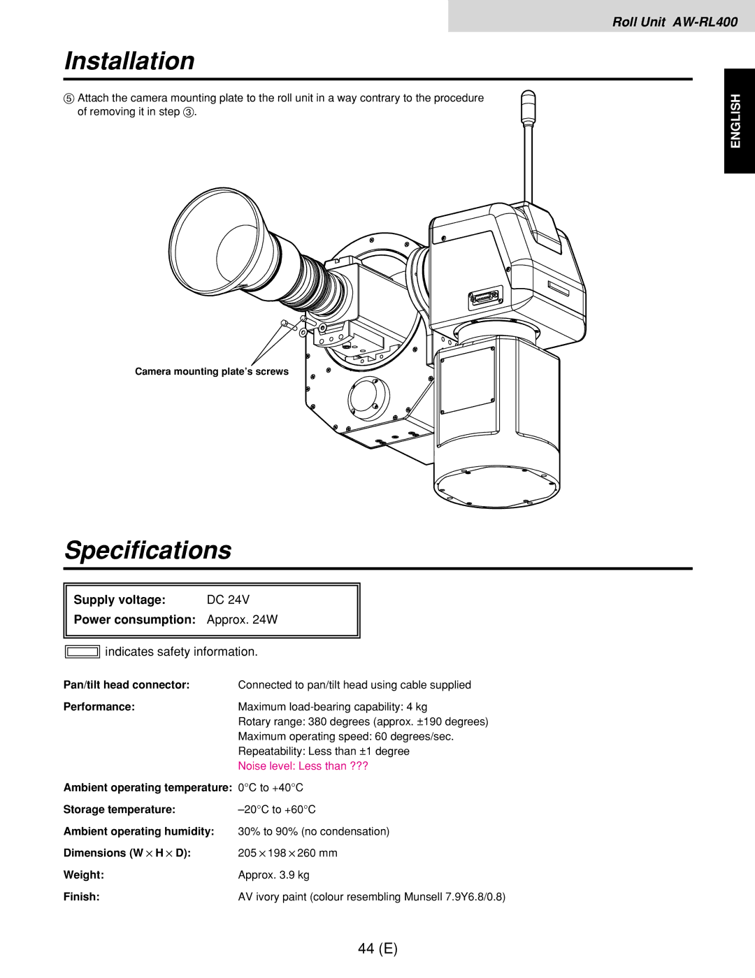 Panasonic AW-RL400G, AW-RP400E, AW-RC400E Supply voltage Power consumption Approx W, Pan/tilt head connector, Performance 