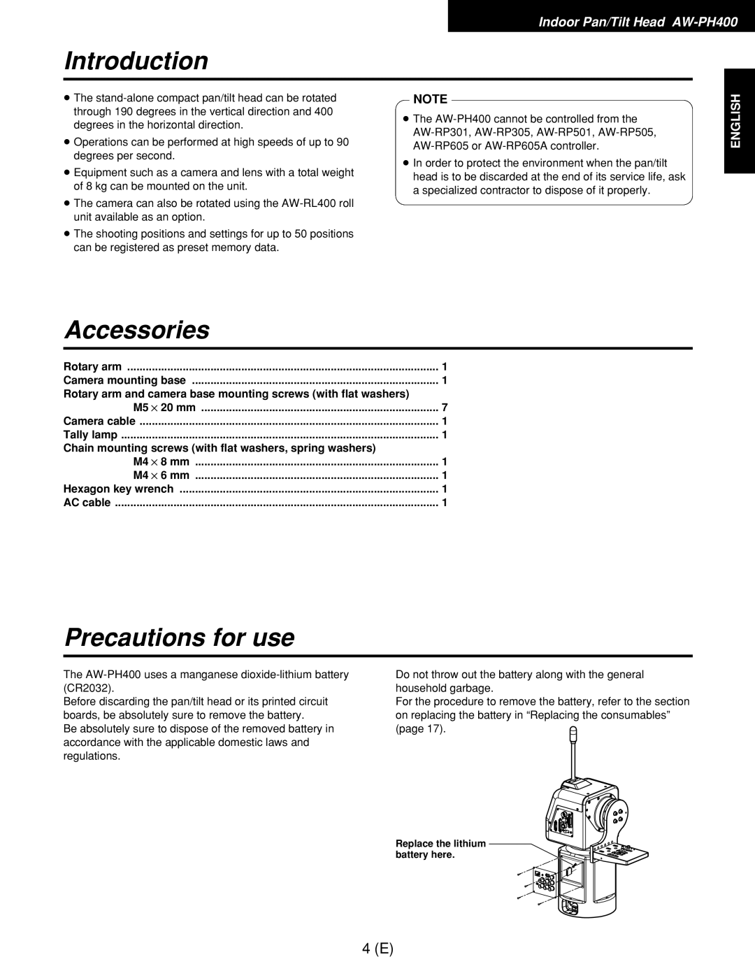 Panasonic AW-RC400E, AW-RL400G, AW-RP400E manual Introduction, Accessories 