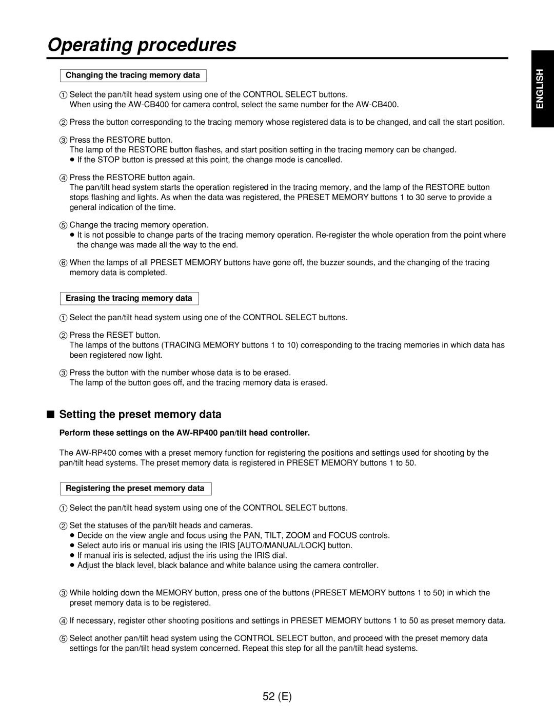 Panasonic AW-RC400E $ Setting the preset memory data, Changing the tracing memory data, Erasing the tracing memory data 