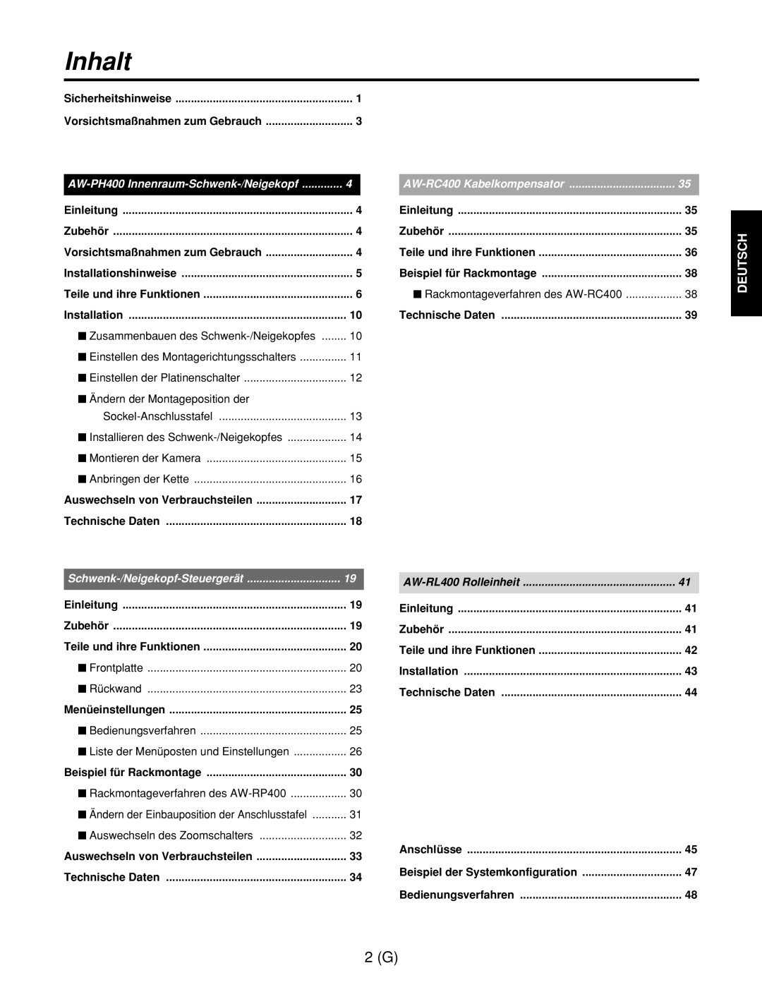 Panasonic AW-RL400G, AW-RP400E, AW-RC400E Inhalt, Sicherheitshinweise Vorsichtsmaßnahmen zum Gebrauch, Menüeinstellungen 