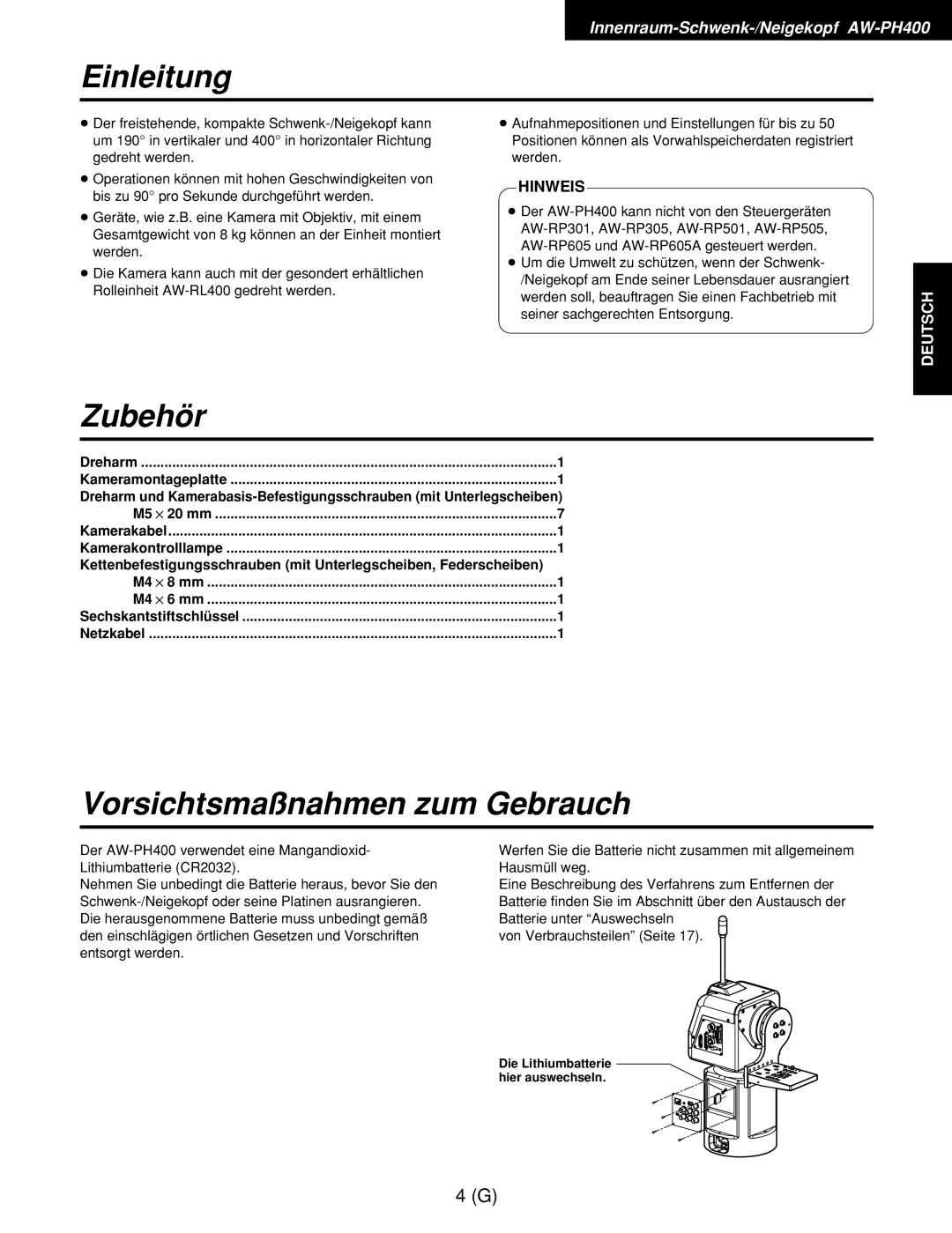 Panasonic AW-RC400E, AW-RL400G, AW-RP400E manual Einleitung, Zubehör, Dreharm Kameramontageplatte 