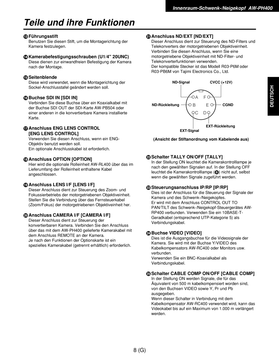 Panasonic AW-RL400G manual = Führungsstift, Kamerabefestigungsschrauben U1/4 20UNC, Anschluss ND/EXT ND/EXT, ? Seitenblende 