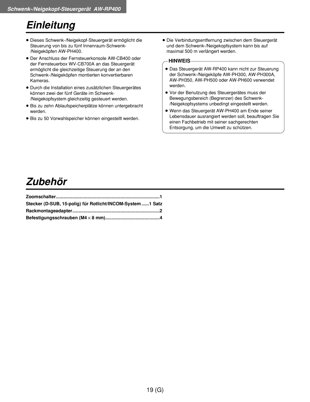 Panasonic AW-RC400E, AW-RL400G, AW-RP400E manual Einleitung, Stecker D-SUB, 15-polig für Rotlicht/INCOM-System Satz 