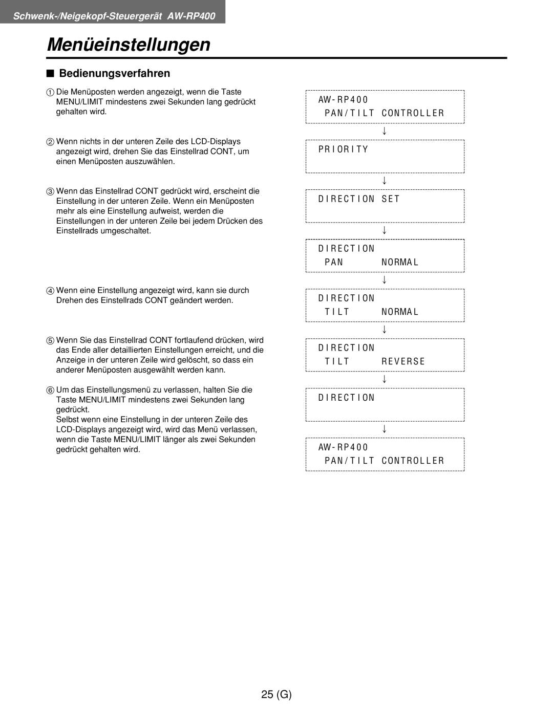 Panasonic AW-RC400E, AW-RL400G, AW-RP400E manual Menüeinstellungen, $ Bedienungsverfahren 