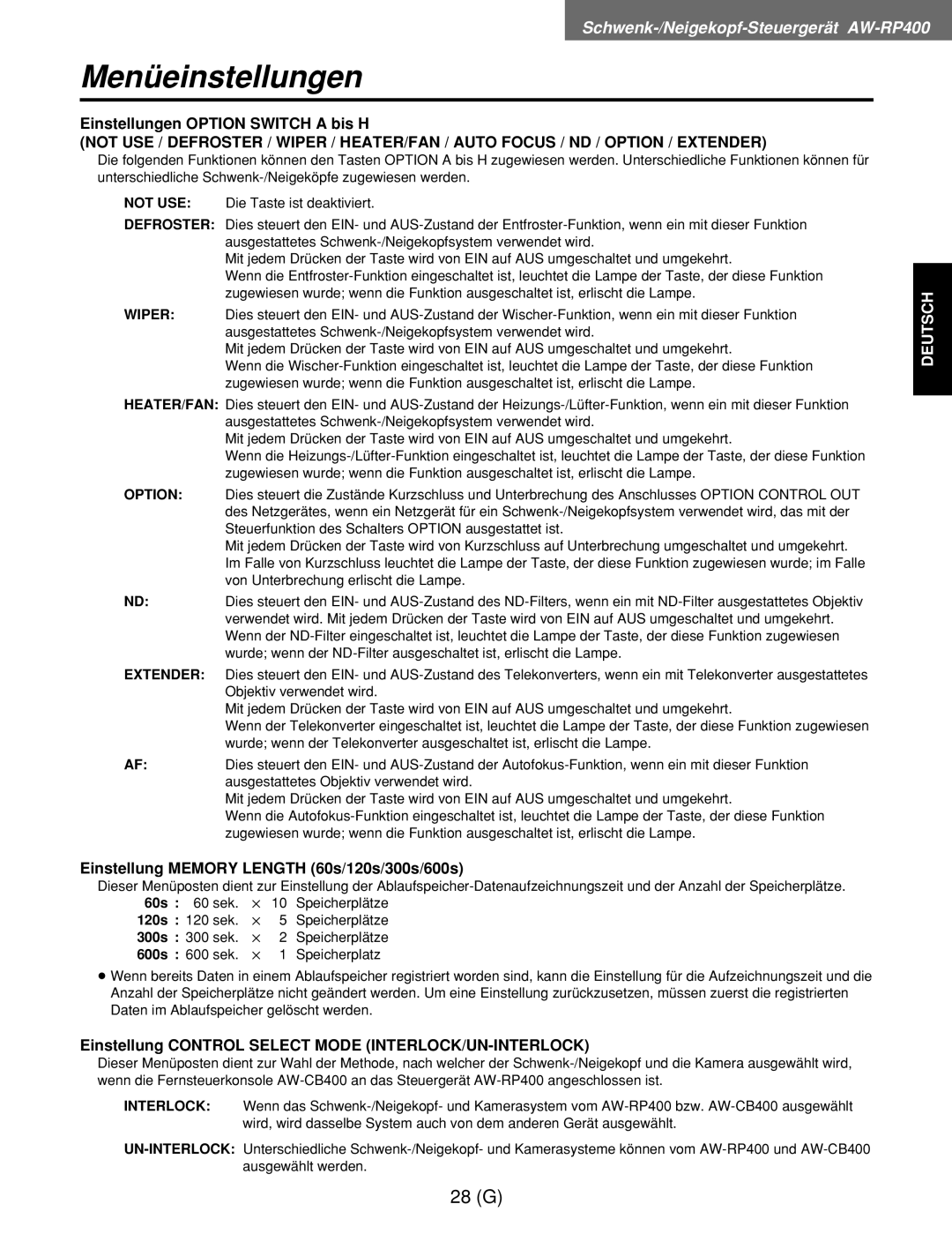 Panasonic AW-RC400E, AW-RL400G, AW-RP400E Einstellungen Option Switch a bis H, Einstellung Memory Length 60s/120s/300s/600s 