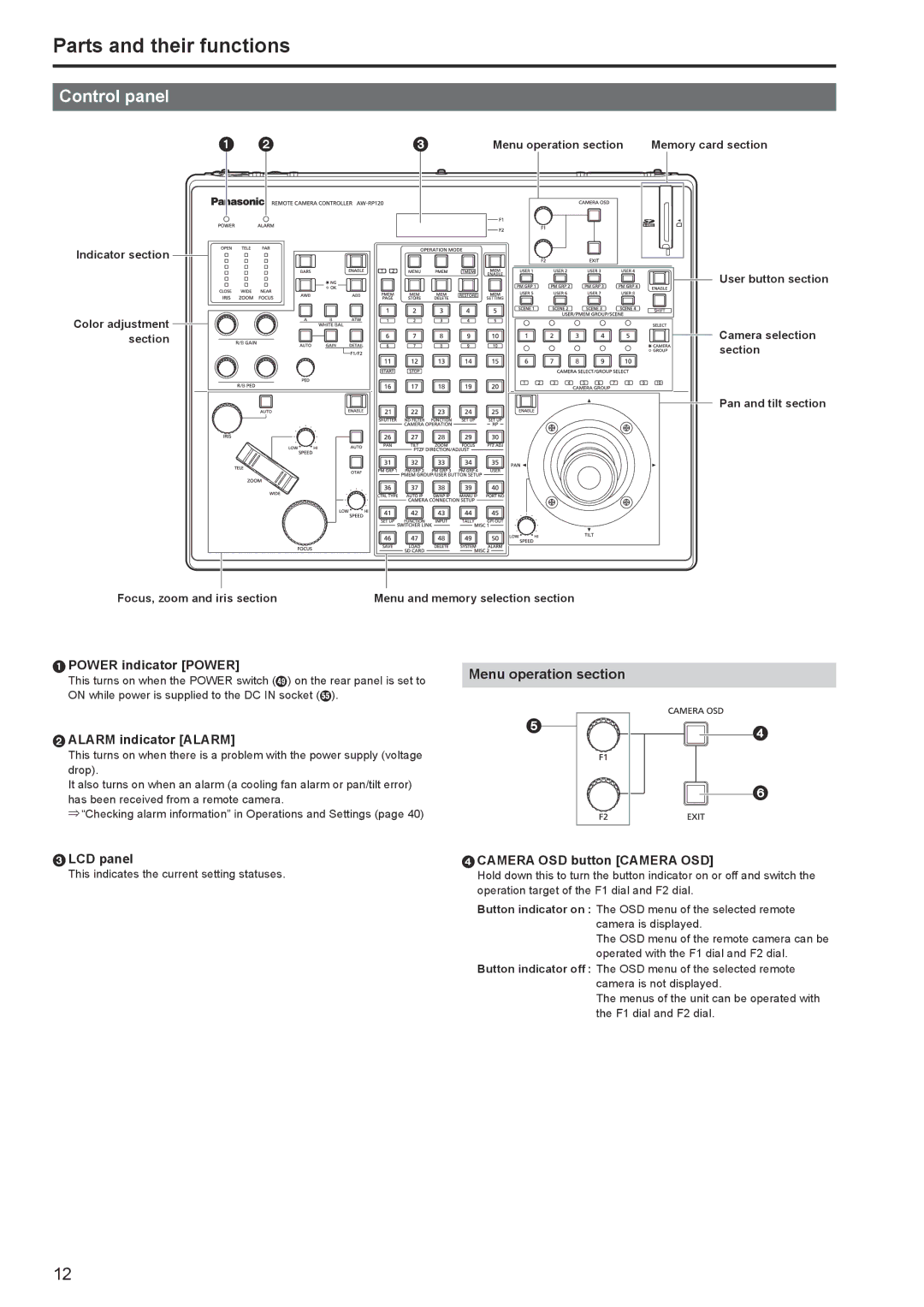 Panasonic AW-RP120G operating instructions Parts and their functions, Control panel, Menu operation section 