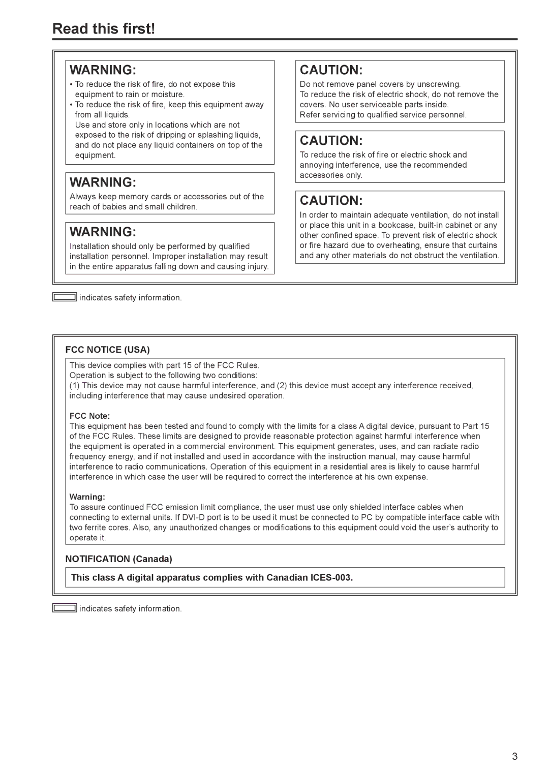 Panasonic AW-RP120G operating instructions Read this first, FCC Note 