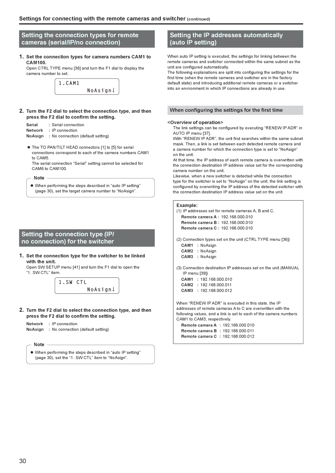 Panasonic AW-RP120G operating instructions Setting the IP addresses automatically auto IP setting, CAM1 NoAsign, Sw Ctl 