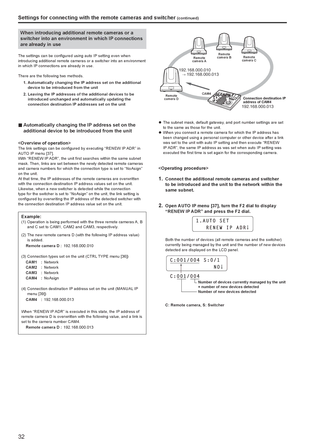 Panasonic AW-RP120G operating instructions C001/004 S0/1, Remote camera D, CAM2 Network CAM3 Network CAM4 NoAsign 