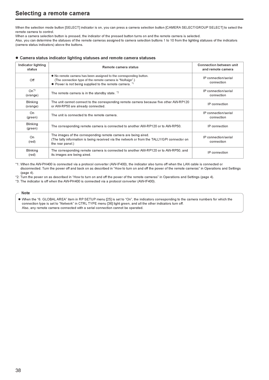 Panasonic AW-RP120G operating instructions Selecting a remote camera 