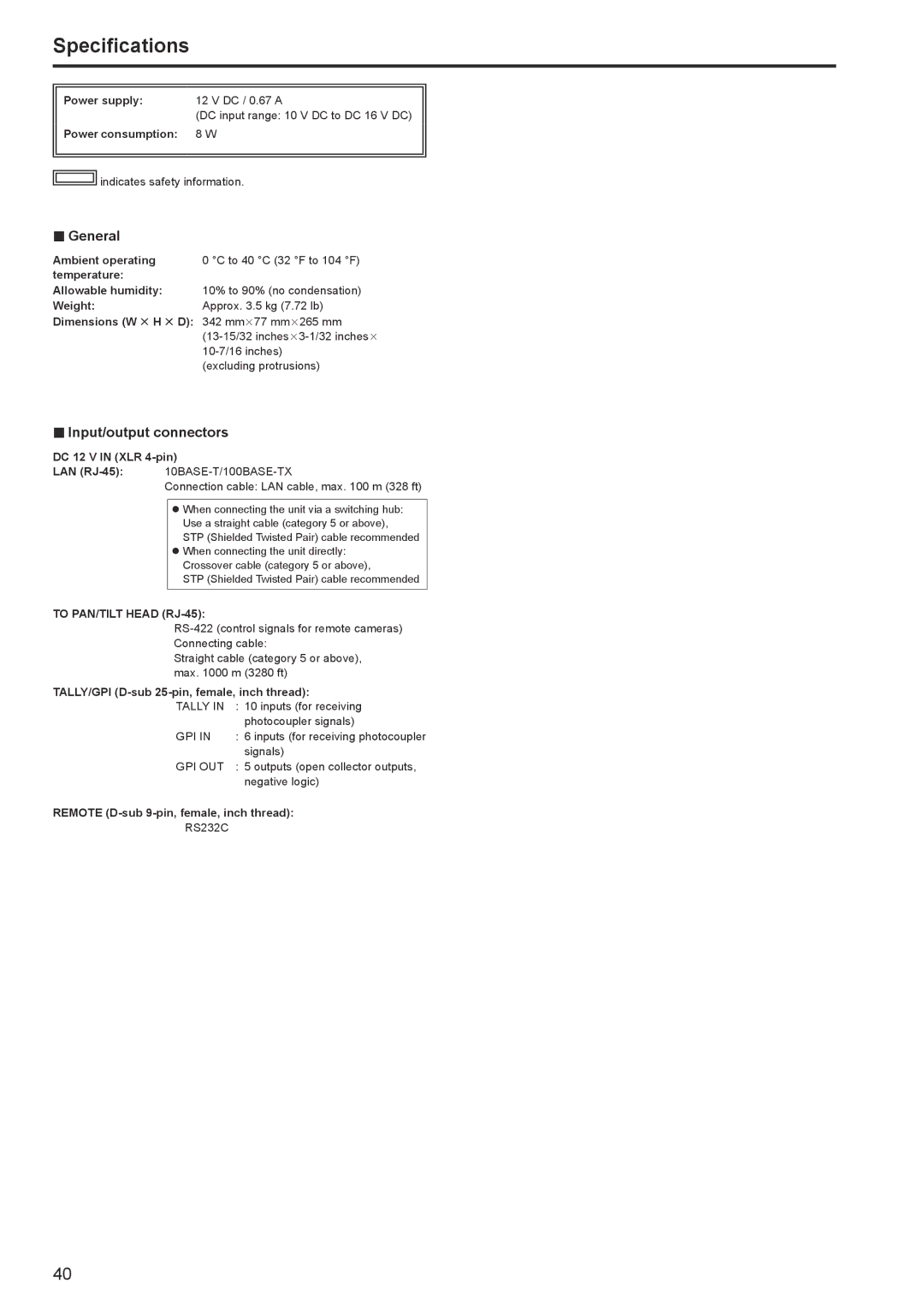 Panasonic AW-RP120G operating instructions Specifications, „„General, „„Input/output connectors 