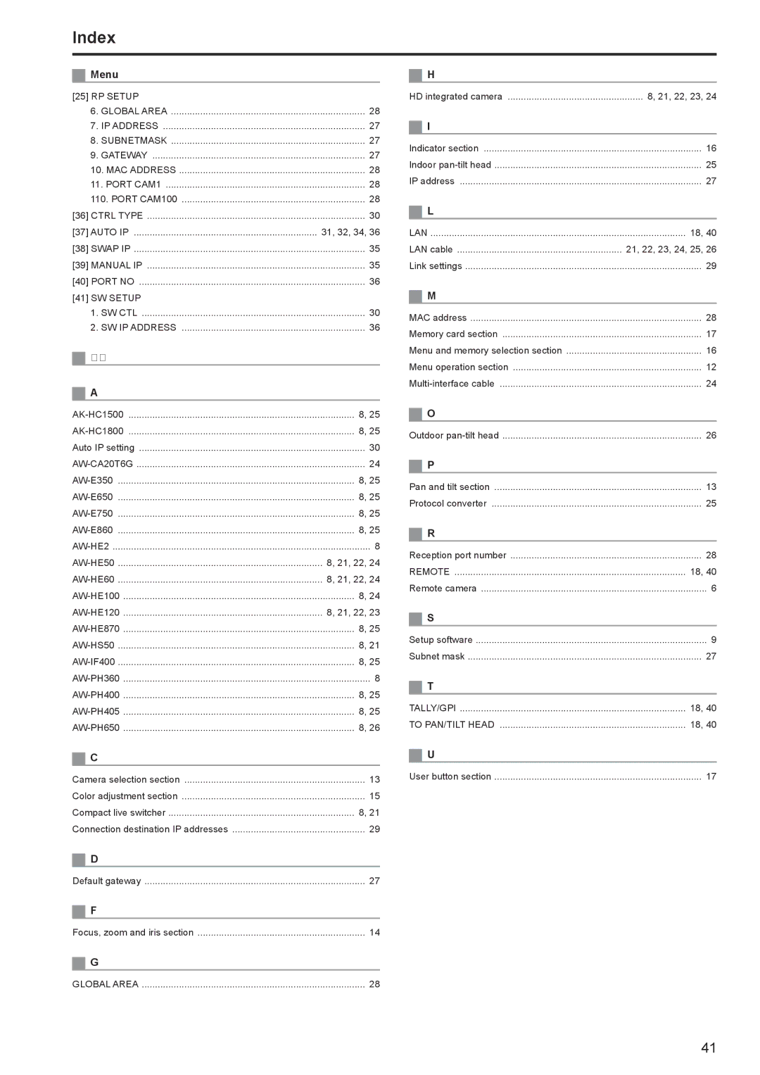 Panasonic AW-RP120G operating instructions Index 