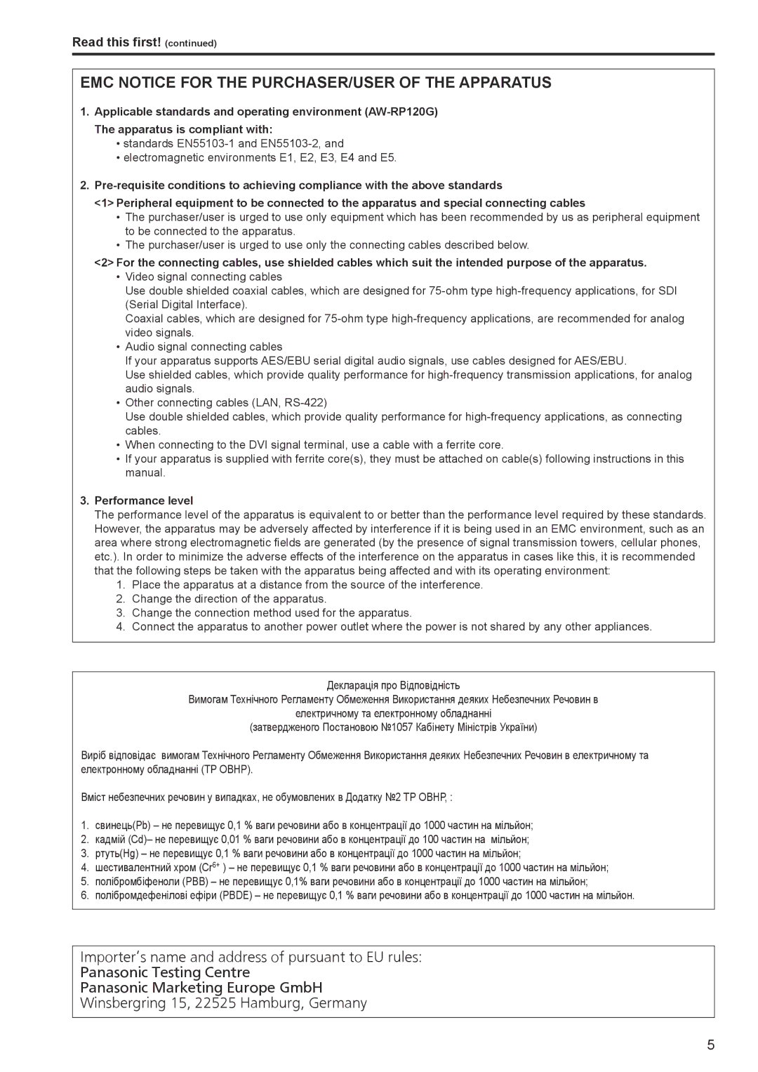 Panasonic AW-RP120G operating instructions EMC Notice for the PURCHASER/USER of the Apparatus, Performance level 